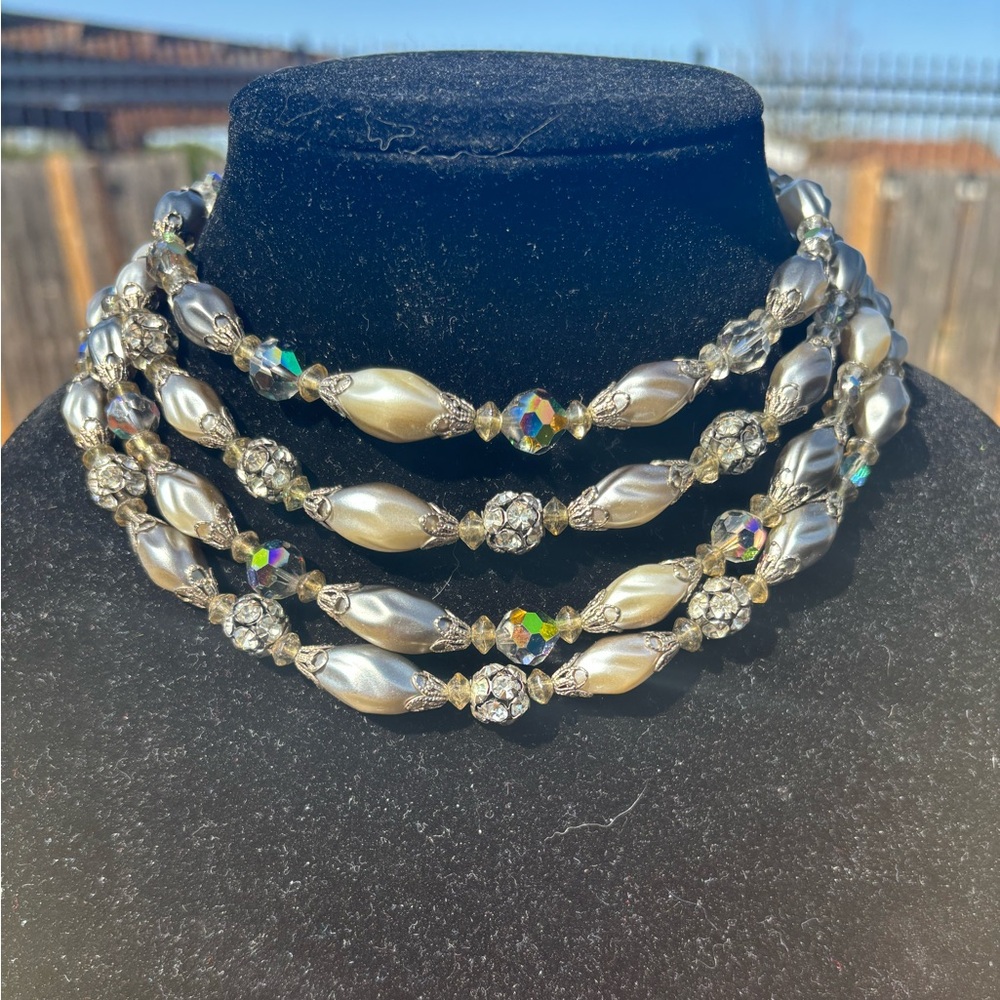 Vintage Pearl and Aurora Borealis Crystal Multi-Row Choker Necklace